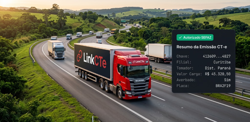 Caminhão de transporte rodoviário com resumo de emissão CT-e autorizado pela SEFAZ